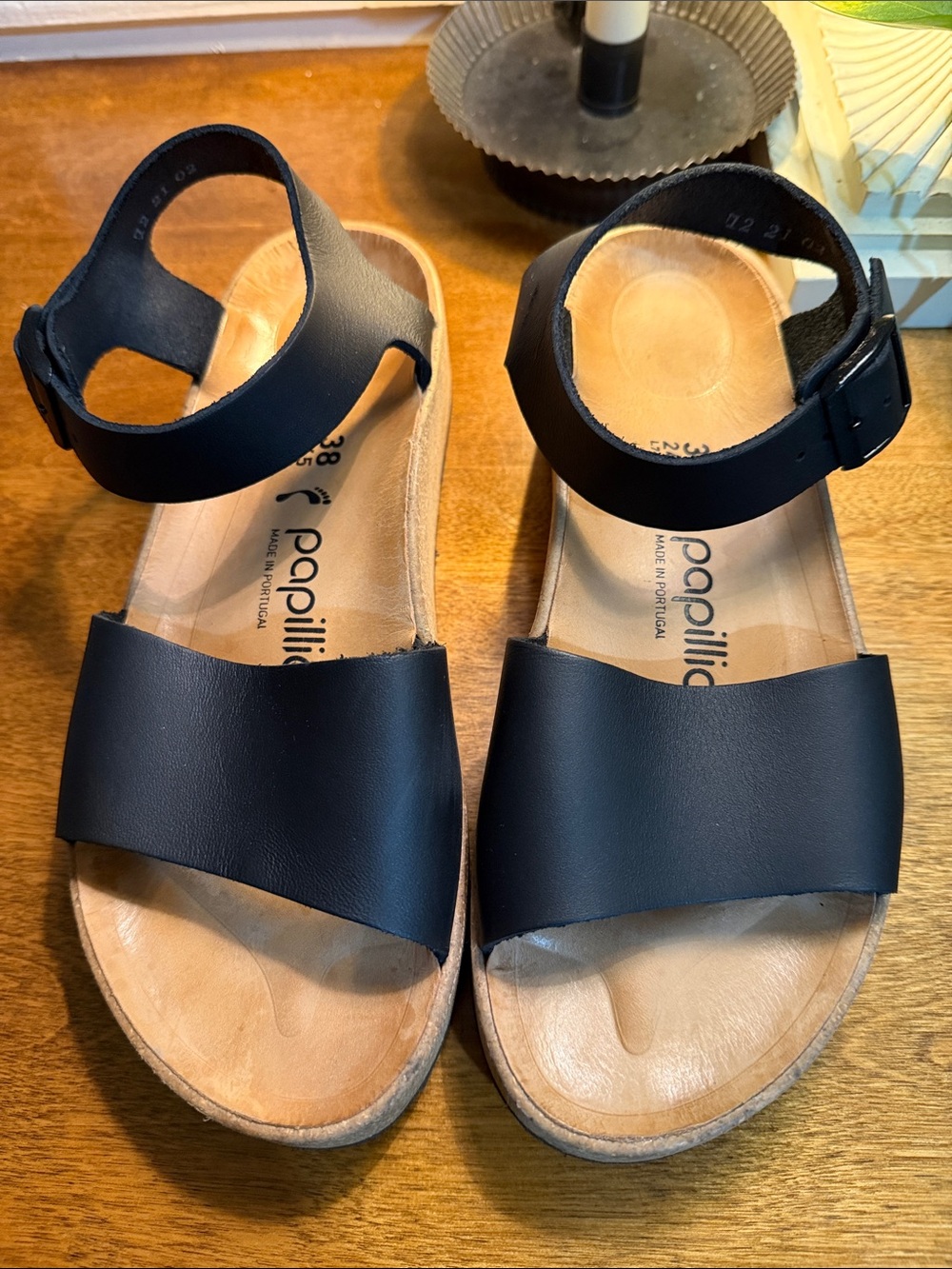 Papillio Black Leather Adjustable Ankle-Strap Sandals